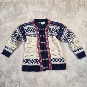 Vintage VOSS Norway Youth Wool Cardigan Nordic Fair Isle Pewter Clasps M